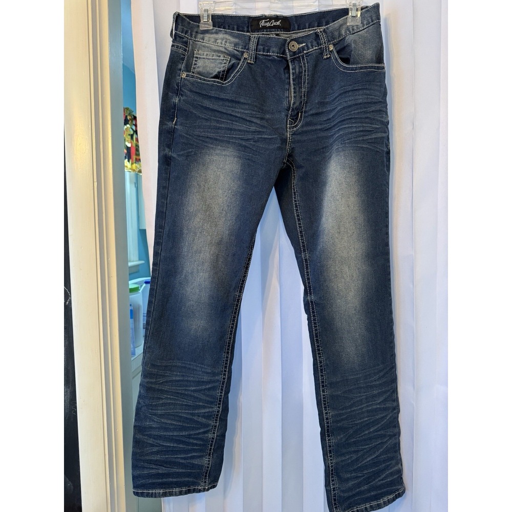True Luck Dark Wash Wiskering Blue Jeans Size 34 (‎ Measures 34x30 ) Embroidered